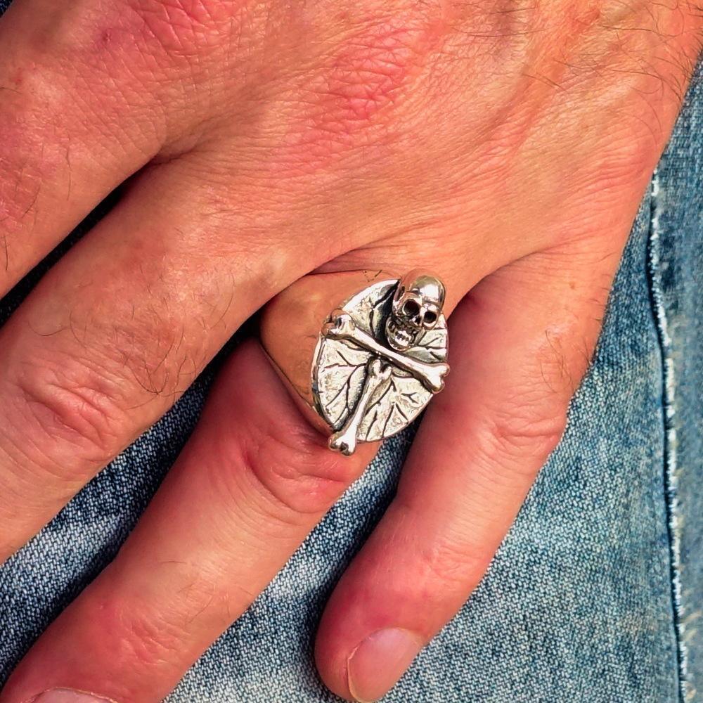 Excellent crafted Men's Sterling Silver Ring Bone Cross R.I.P Skull - BikeRing4u