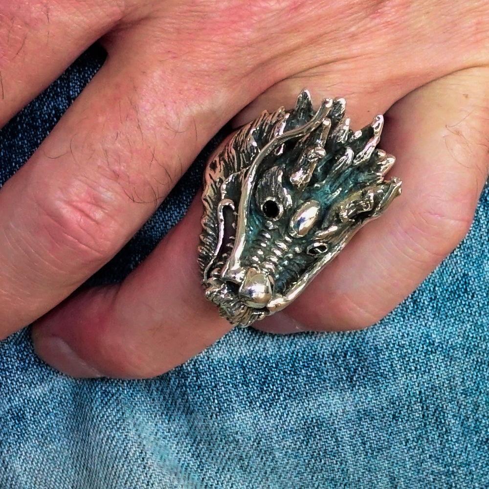 Excellent crafted Men's Animal Ring Male Dragon red eyes - Sterling Silver - BikeRing4u