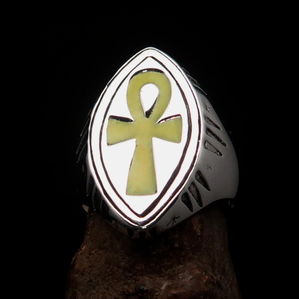 Yellow marquise shaped Egyptian Ankh Cross Men's Ring - Sterling Silver - BikeRing4u