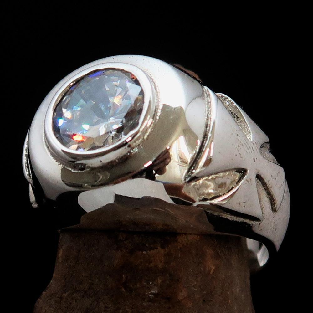 Nicely crafted Men's Solitaire Iron Cross Ring White Cubic Zirconia CZ - Sterling Silver - BikeRing4u