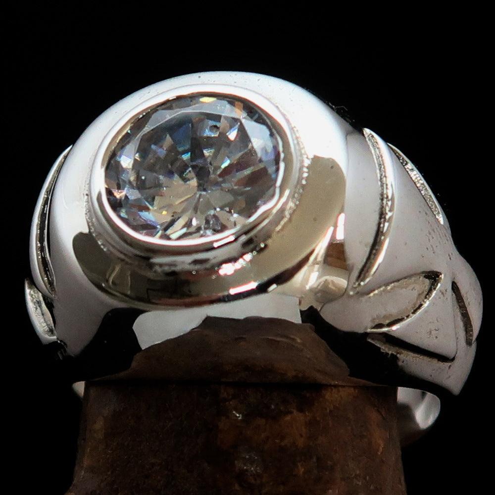 Nicely crafted Men's Solitaire Iron Cross Ring White Cubic Zirconia CZ - Sterling Silver - BikeRing4u