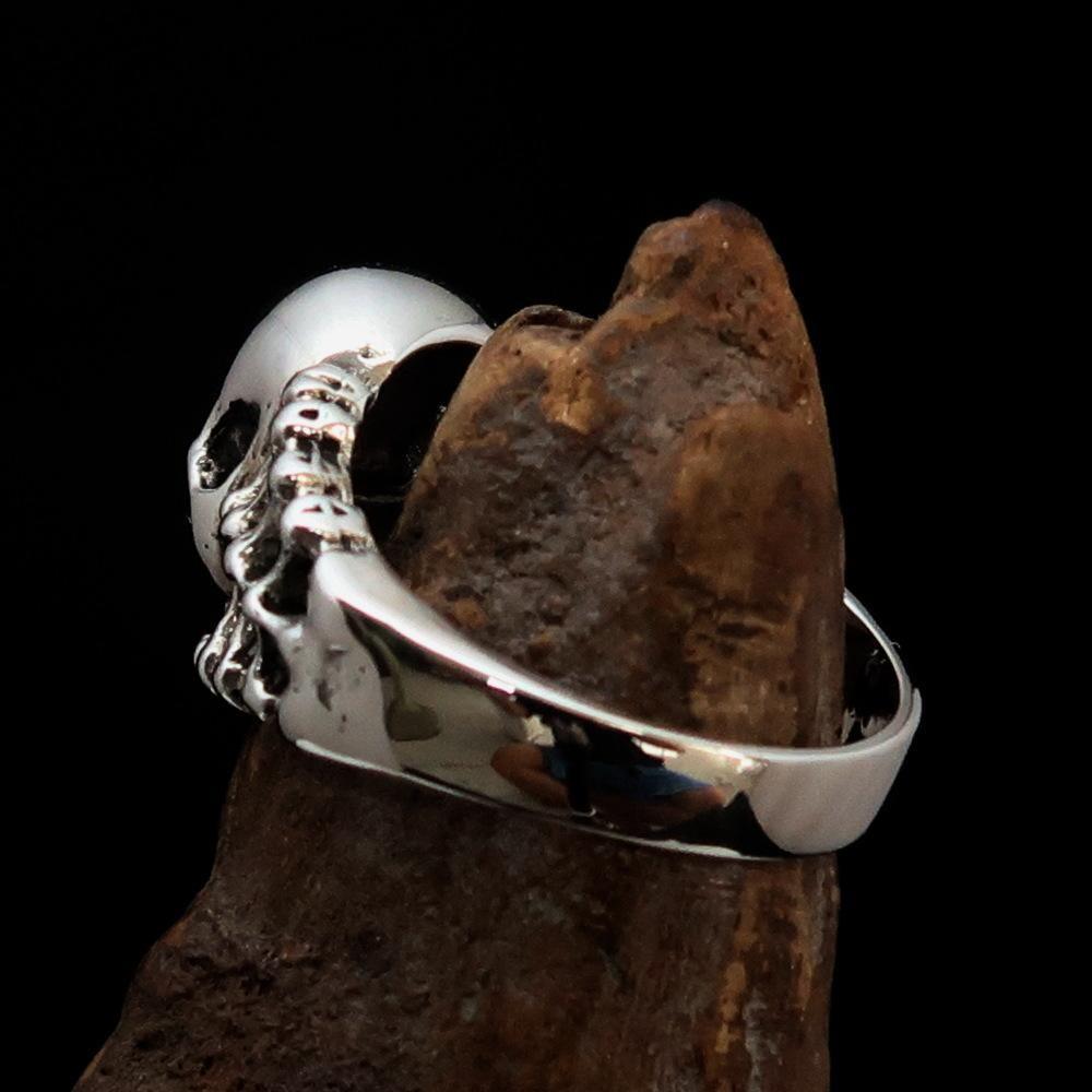 Antiqued Men's Number 13 Skull and Bones Ring - Sterling Silver - BikeRing4u