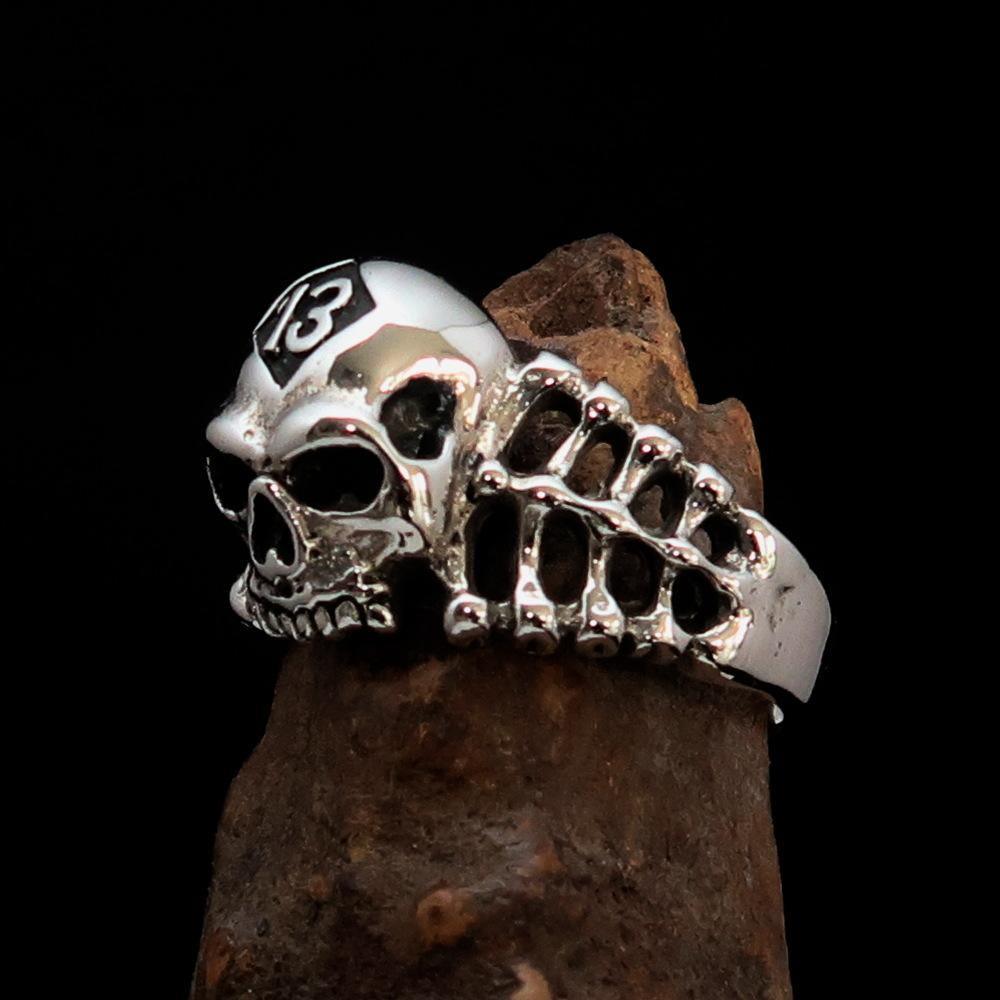 Antiqued Men's Number 13 Skull and Bones Ring - Sterling Silver - BikeRing4u