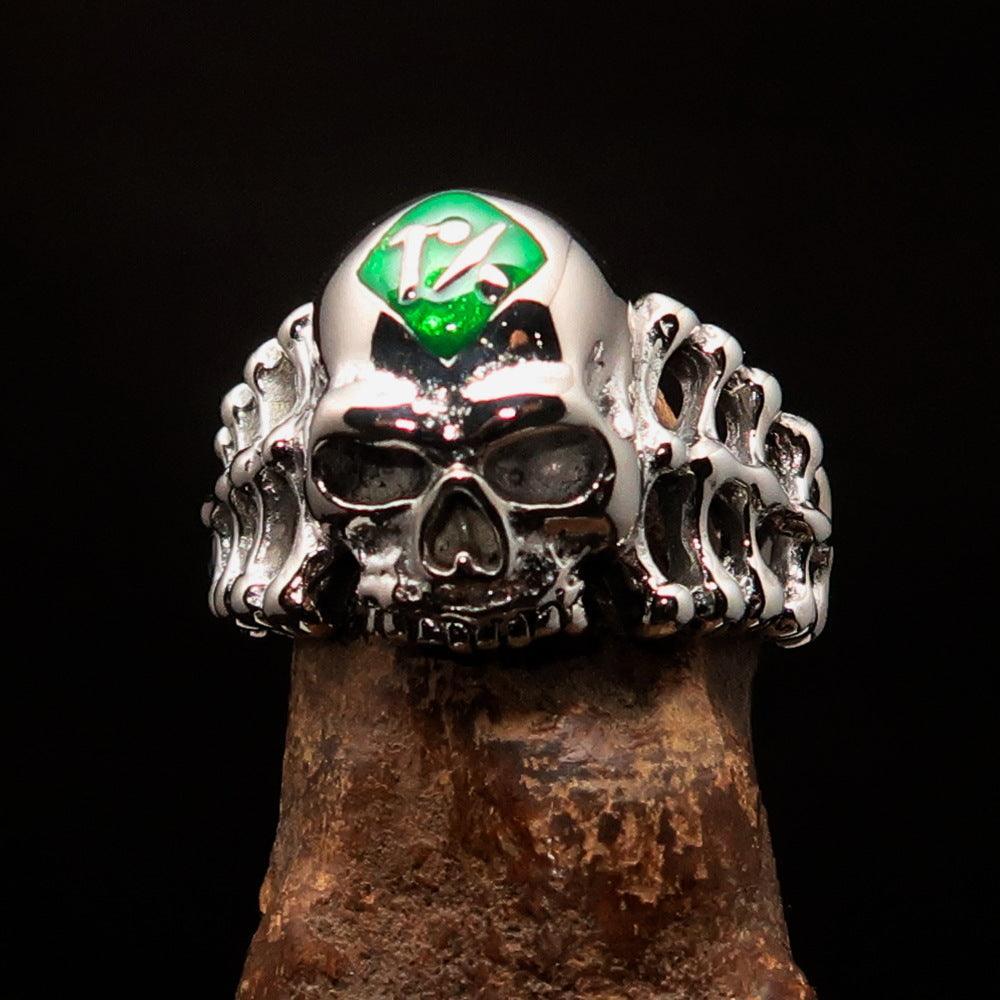 Excellent crafted Men's green 1% Outlaw Biker Skull and Bones Ring - Sterling Silver - BikeRing4u