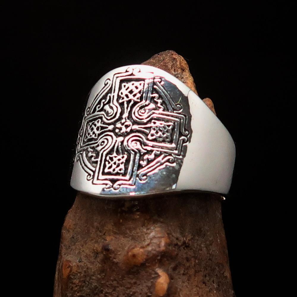 Excellent crafted Men's antiqued Celtic Runes Cross Ring - Sterling Silver - BikeRing4u