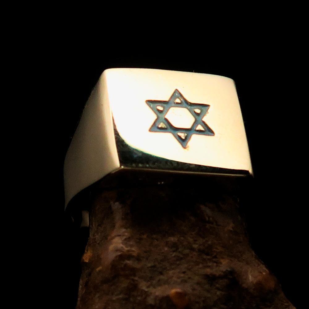 Excellent crafted solid Brass Men's Hexagram Ring Blue Star of David - BikeRing4u