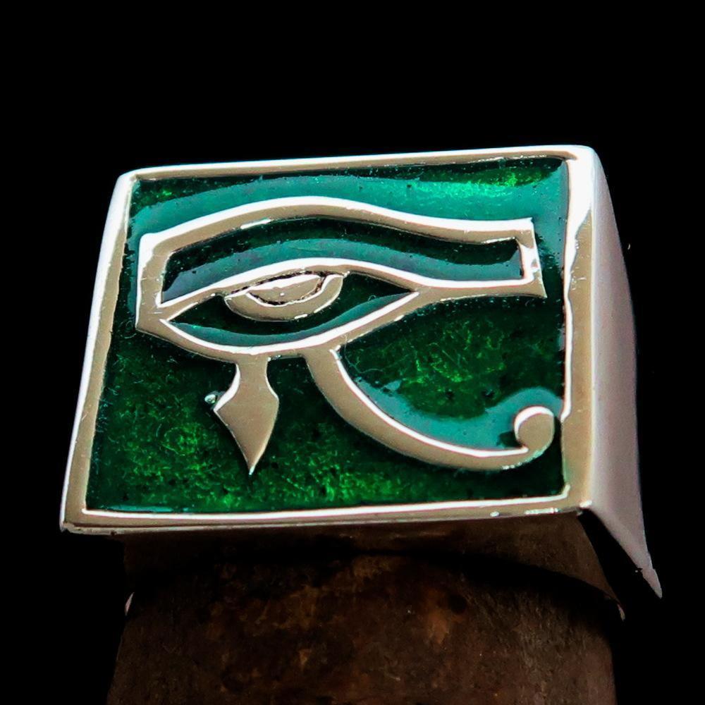Excellent crafted Men's Ring All seeing Udjat Eye of Ra Green - Sterling Silver - BikeRing4u