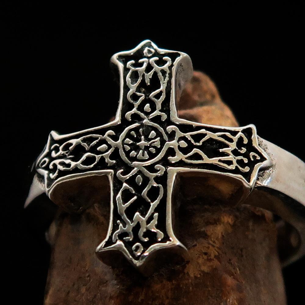Excellent crafted Men's ornamental Celtic Cross Ring - antiqued Sterling Silver - BikeRing4u