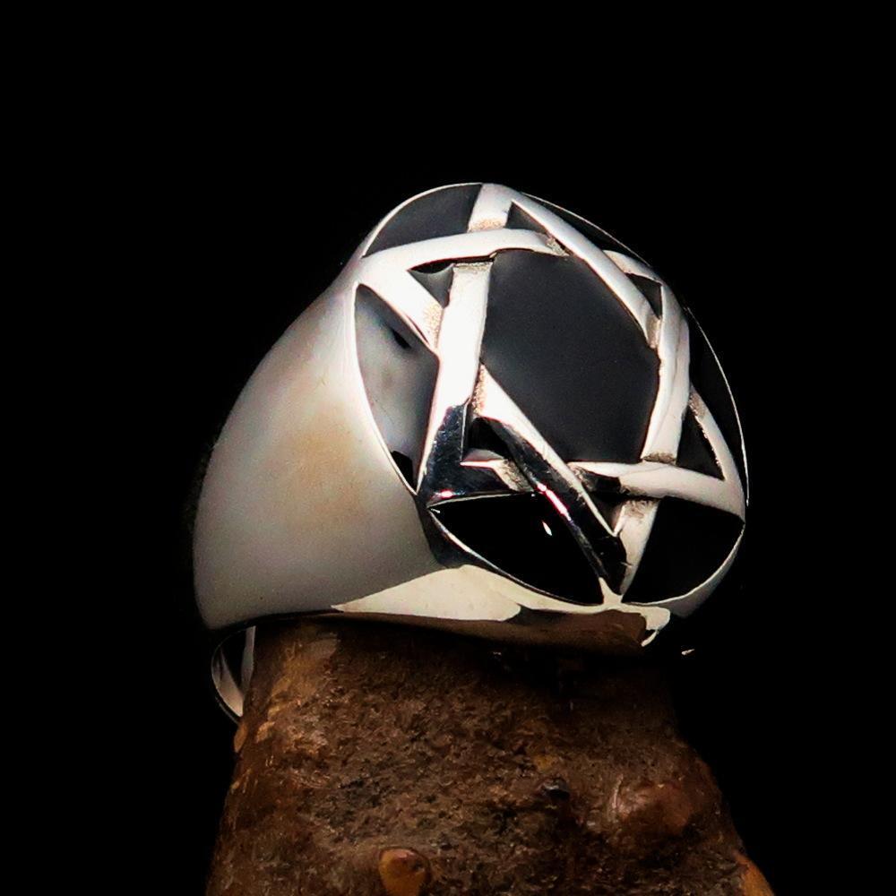 Excellent crafted Men's Hebrew Ring oval Black Star of David - Sterling Silver - BikeRing4u