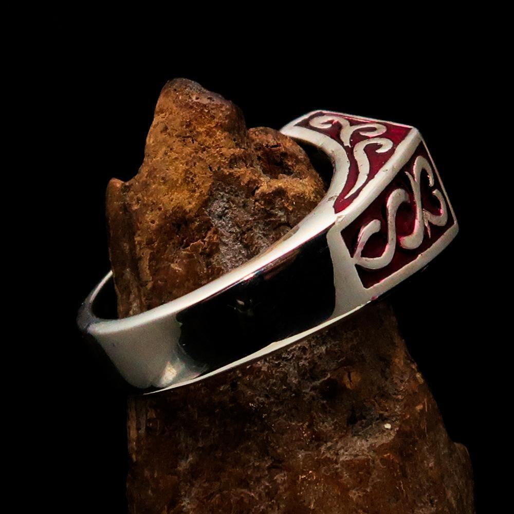 Men's Sterling Silver Ring Red Crescent Moon Pentagram Star - BikeRing4u