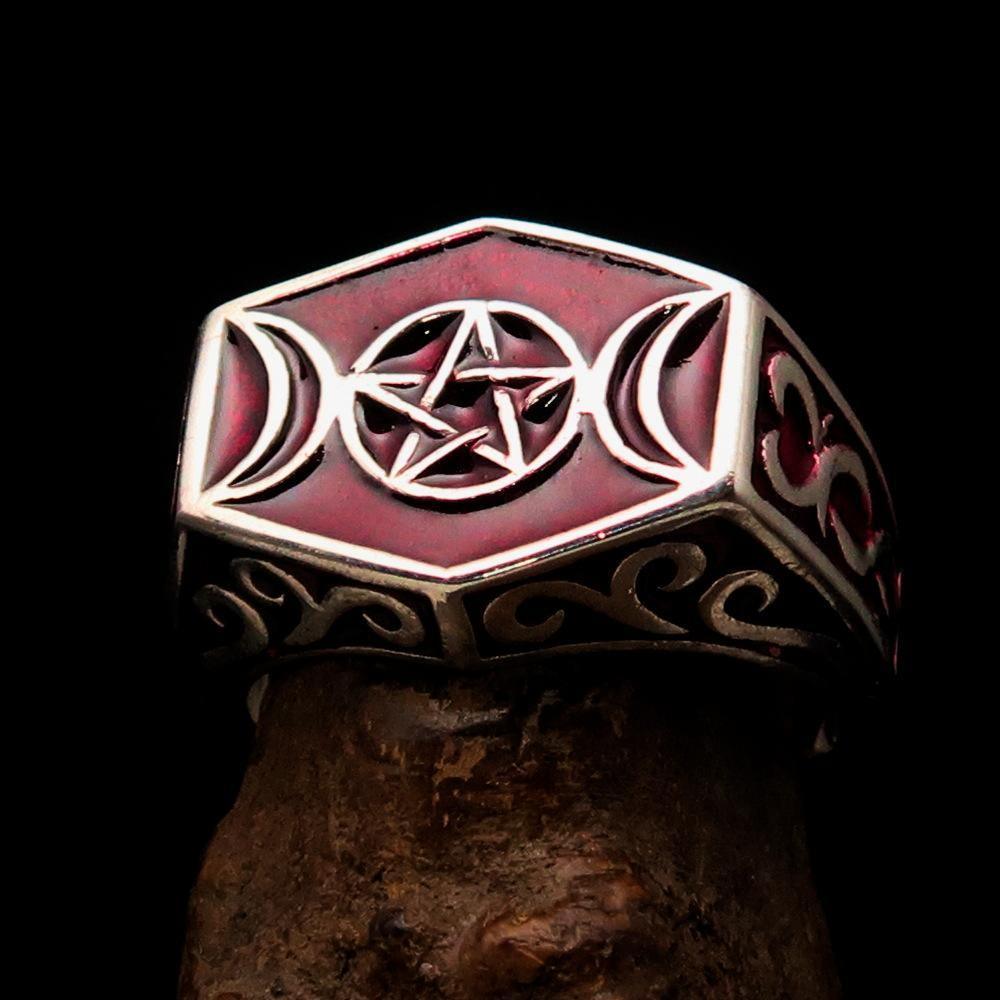 Men's Sterling Silver Ring Red Crescent Moon Pentagram Star - BikeRing4u