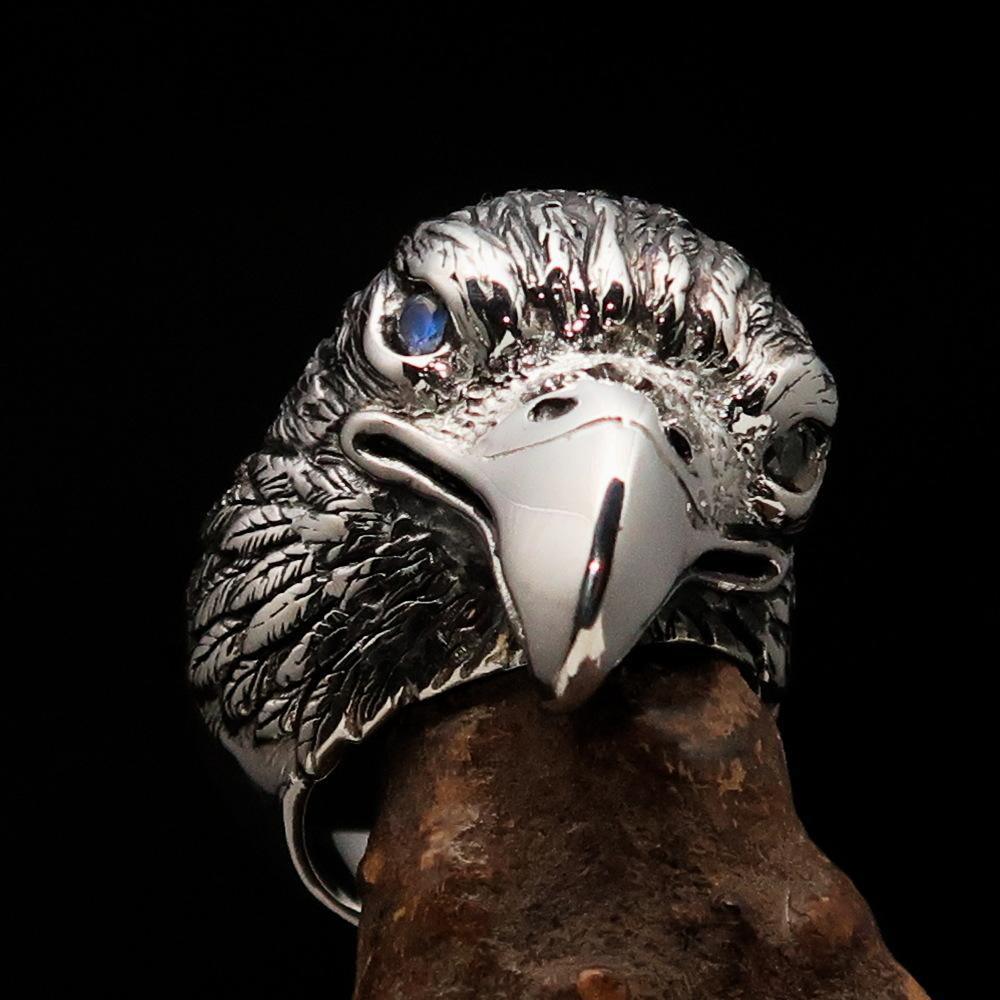 Excellent crafted Men's Biker Ring Eagle Head white CZ - Sterling Silver - BikeRing4u