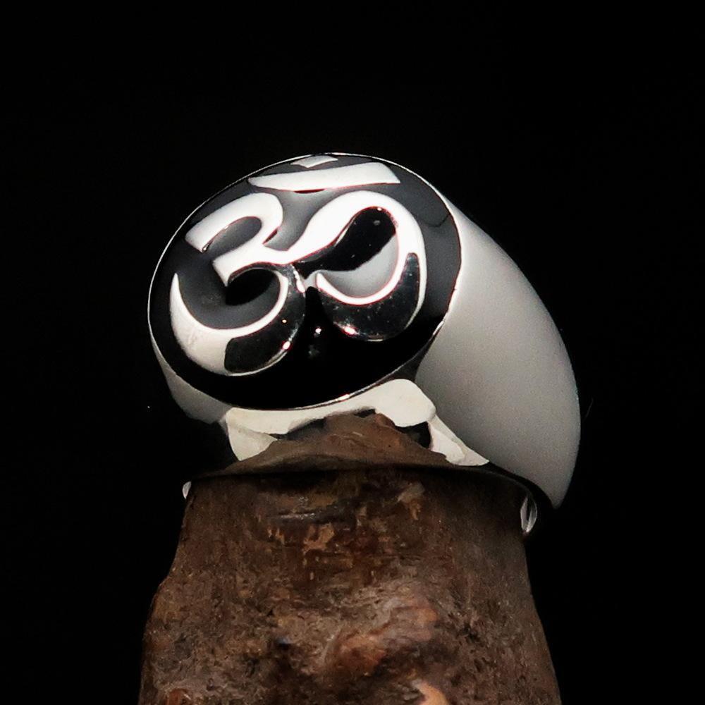Nicely crafted domed Men's Buddhist Ring Black Aum Symbol - Sterling Silver - BikeRing4u