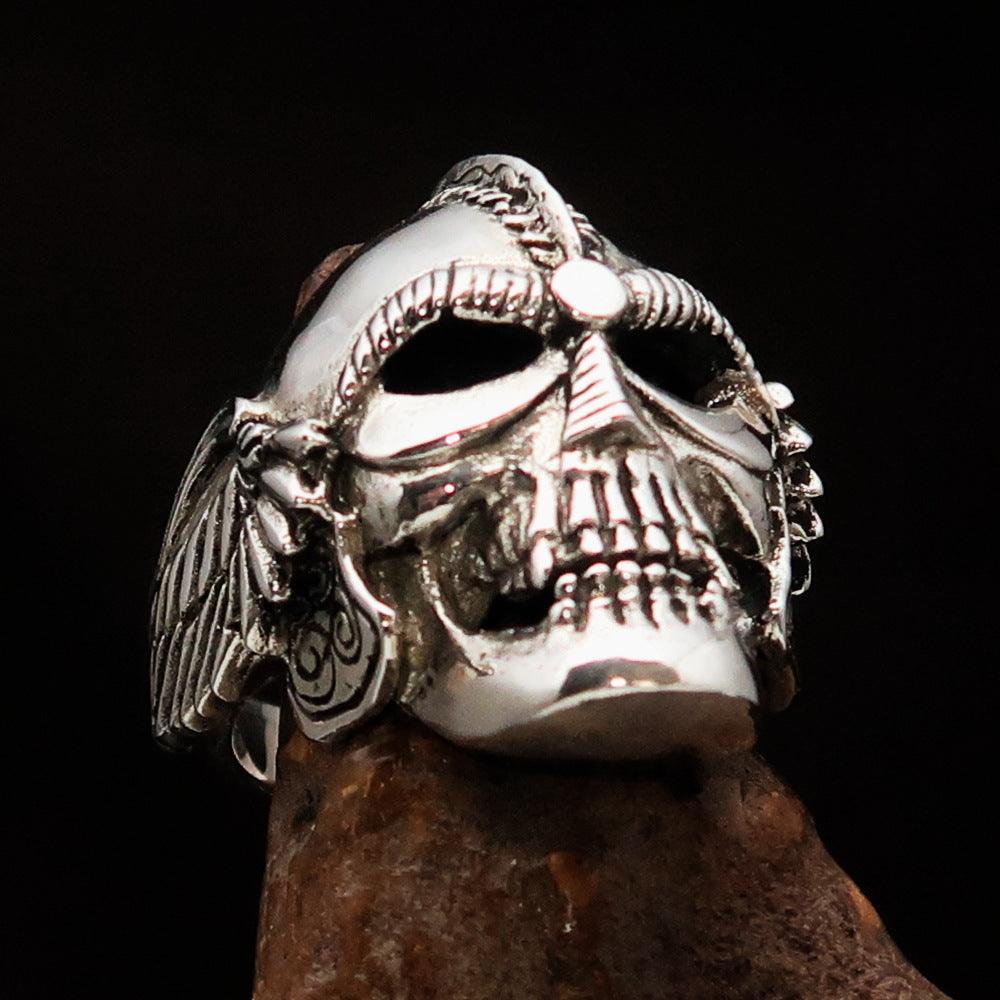 Excellent crafted Men's Biker winged Viking Skull Ring - antiqued Sterling Silver - BikeRing4u