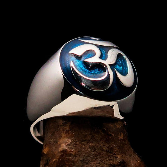 Nicely crafted domed Men's Buddhist Ring Blue Aum Symbol - Sterling Silver - BikeRing4u