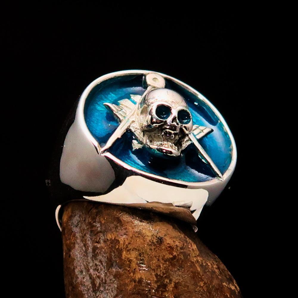 Perfectly crafted Men's Masonic Skull Ring Blue - Sterling Silver - BikeRing4u