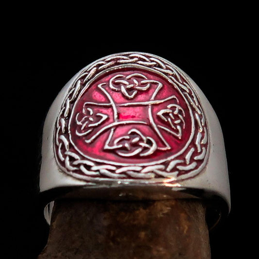Excellent crafted ancient red Celtic Birgit's Cross Men's Ring - Sterling Silver - BikeRing4u
