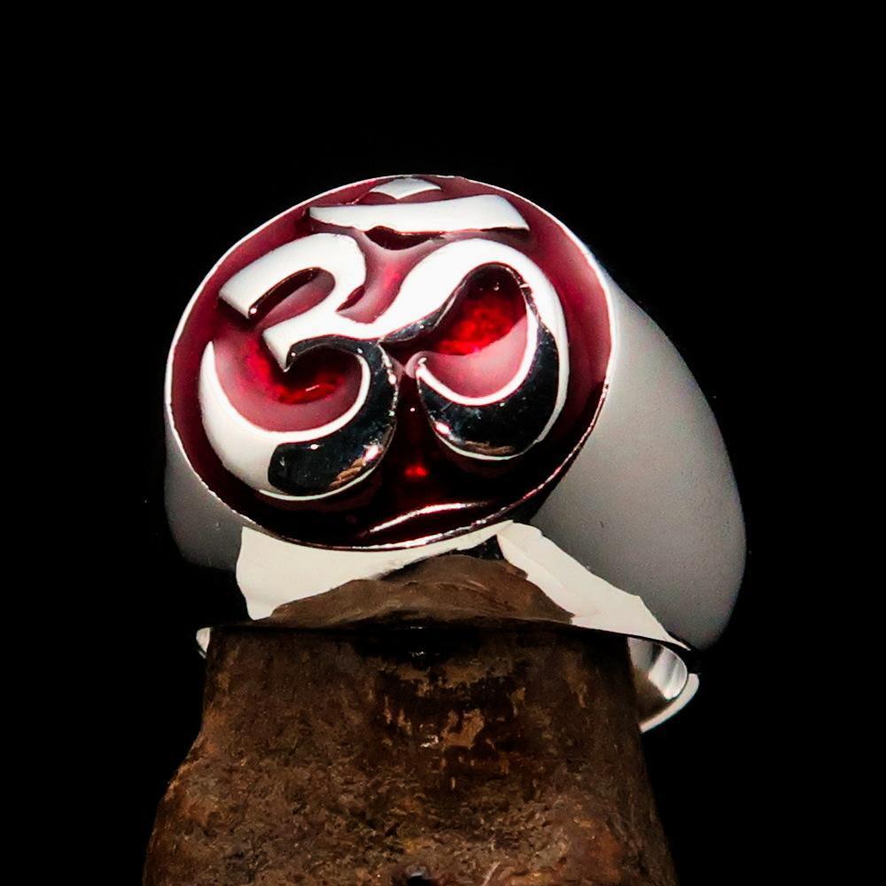 Nicely crafted domed Men's Buddhist Ring red Aum Symbol - Sterling Silver - BikeRing4u
