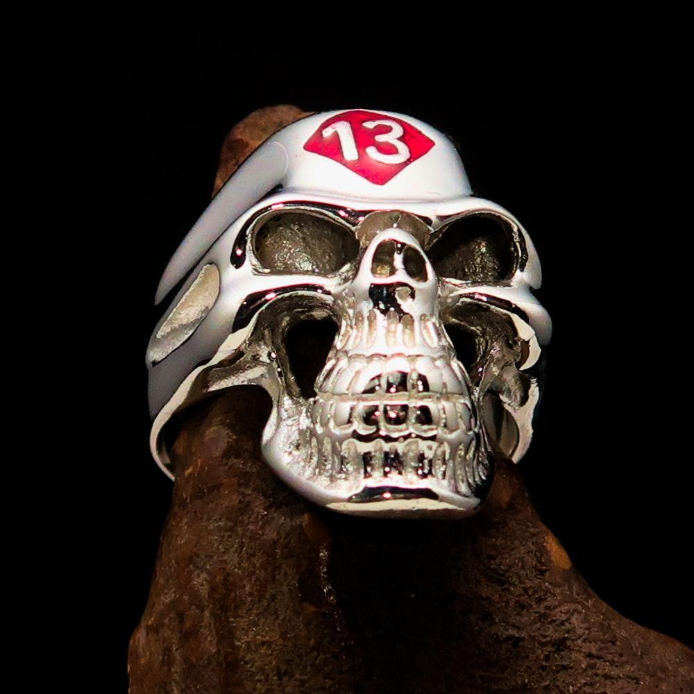 Excellent crafted Men's Biker Skull Ring Red Diamond Lucky 13 - Sterling Silver - BikeRing4u