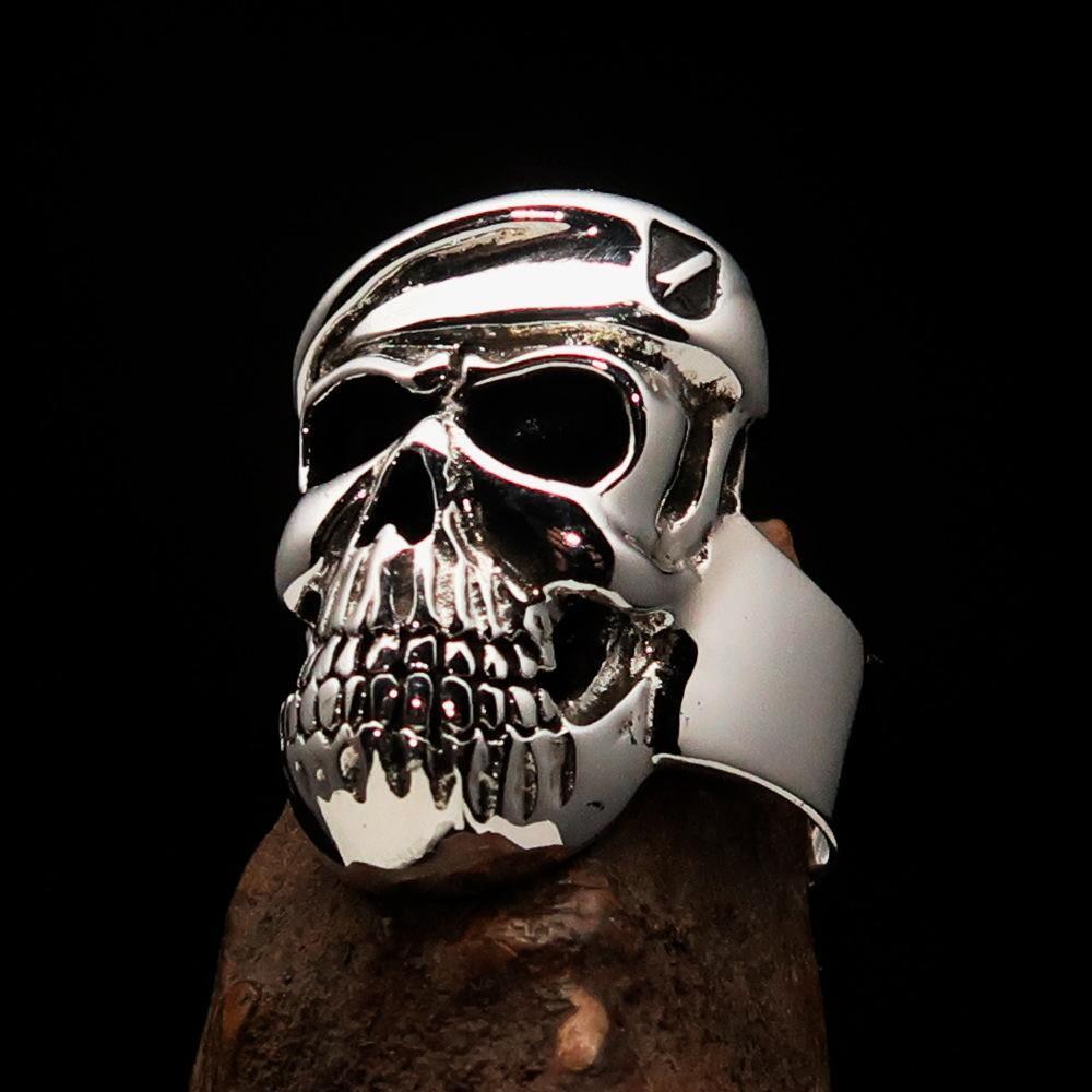 Excellent Crafted Men's Drill Sergeant Army Skull Ring - Sterling Silver - BikeRing4u