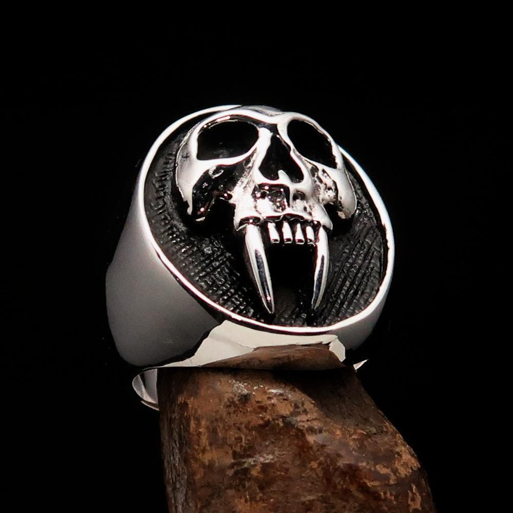 Excellent crafted oval Men's antiqued Vampire Skull Ring - Sterling Silver - BikeRing4u