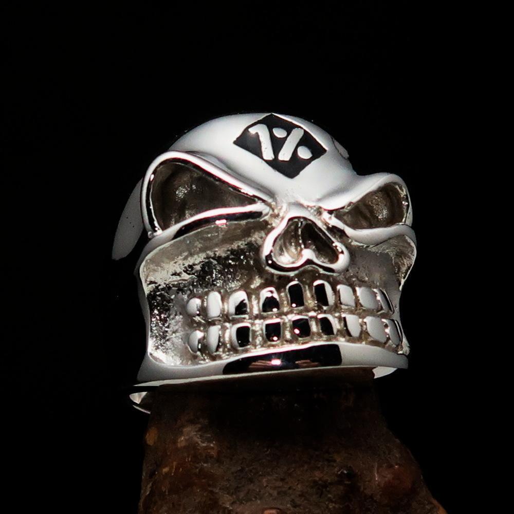 Excellent Crafted Men's Outlaw Black 1% er Gnome Skull Ring - Sterling Silver - BikeRing4u