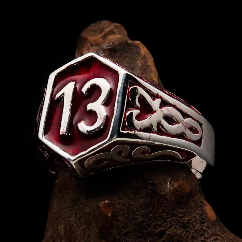 Excellent crafted Men's Biker Ring red Number 13 - Sterling Silver 925 - BikeRing4u