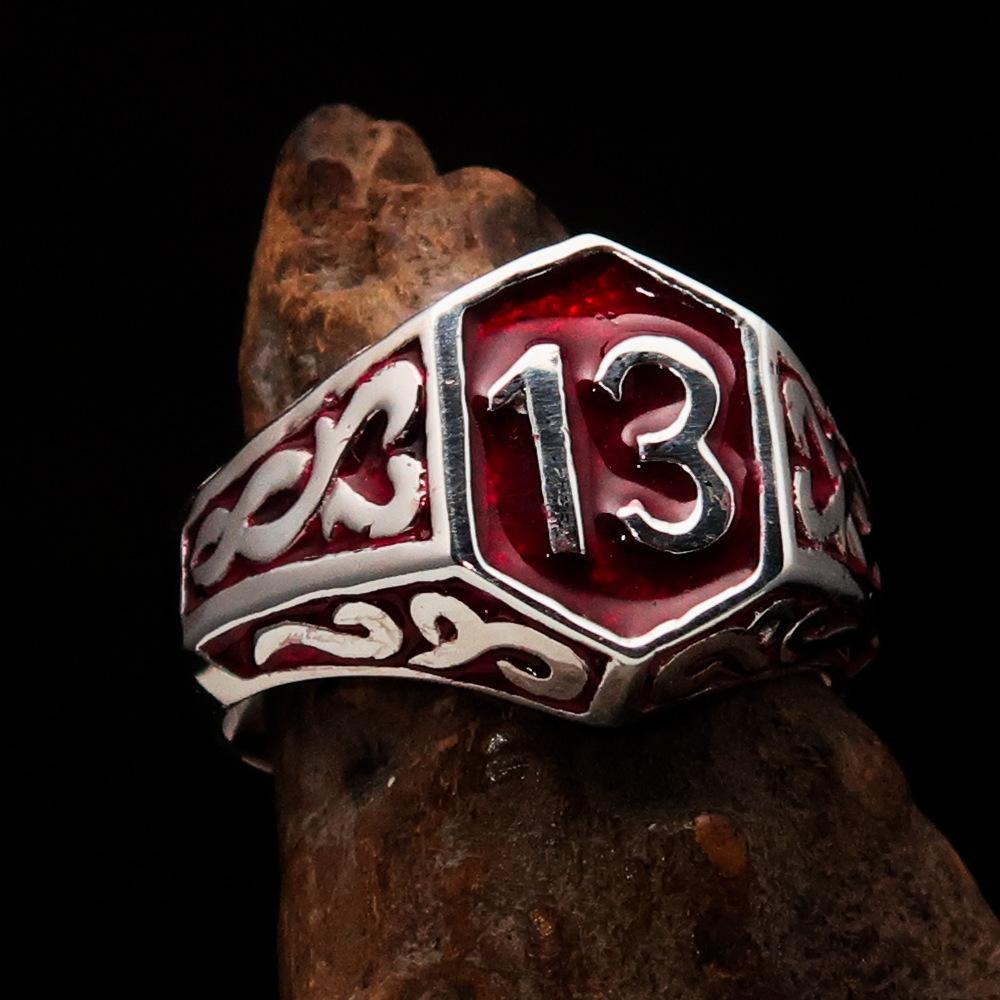 Excellent crafted Men's Biker Ring red Number 13 - Sterling Silver 925 - BikeRing4u