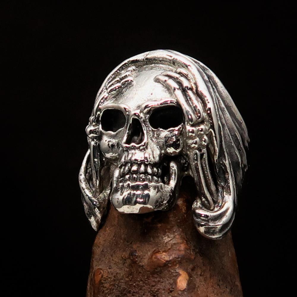 Excellent crafted Men's Grim Reaper Skull Ring Hear No Evil - Sterling Silver - BikeRing4u