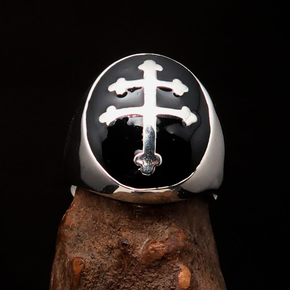 Excellent crafted oval domed Men's black Cross Lorraine Ring - Sterling Silver - BikeRing4u