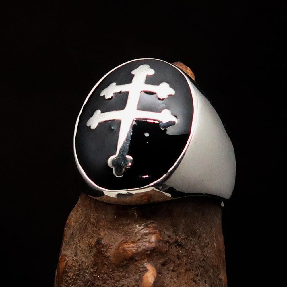 Excellent crafted oval domed Men's black Cross Lorraine Ring - Sterling Silver - BikeRing4u