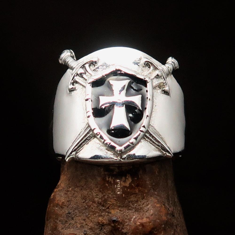 Crossed Swords Men's black Knights Templar Cross Ring - Sterling Silver - BikeRing4u