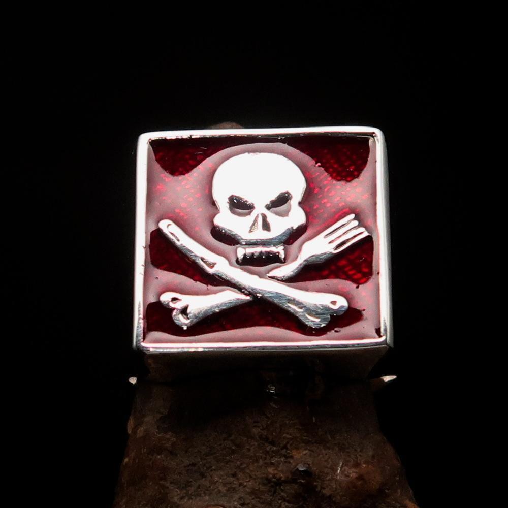 Perfectly crafted Men's Chef Skull Ring Crossed Fork Knife red - Sterling Silver - BikeRing4u