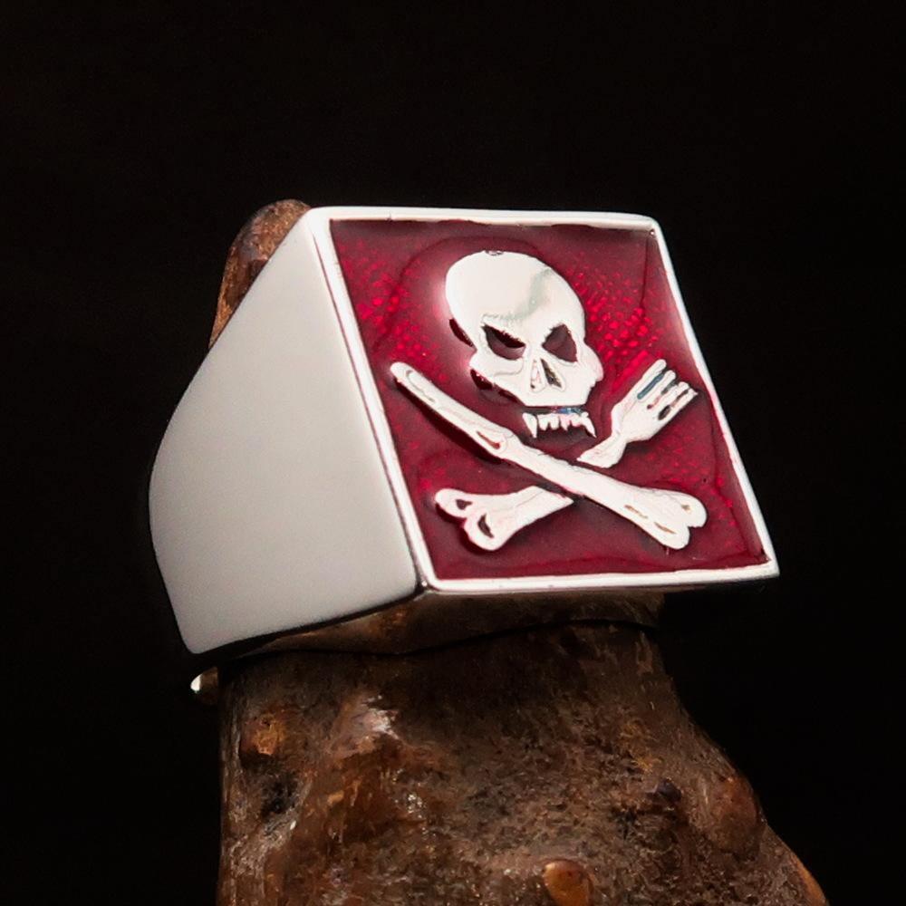 Perfectly crafted Men's Chef Skull Ring Crossed Fork Knife red - Sterling Silver - BikeRing4u