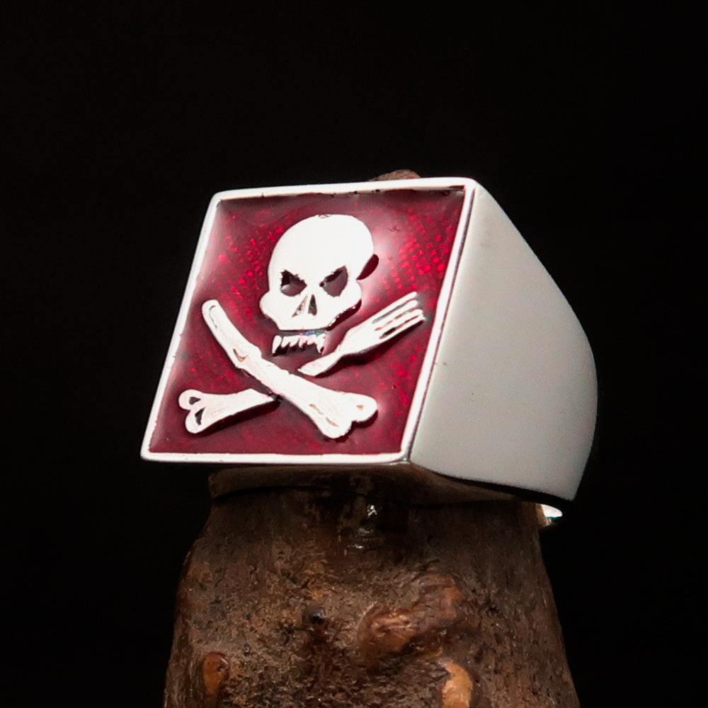 Perfectly crafted Men's Chef Skull Ring Crossed Fork Knife red - Sterling Silver - BikeRing4u