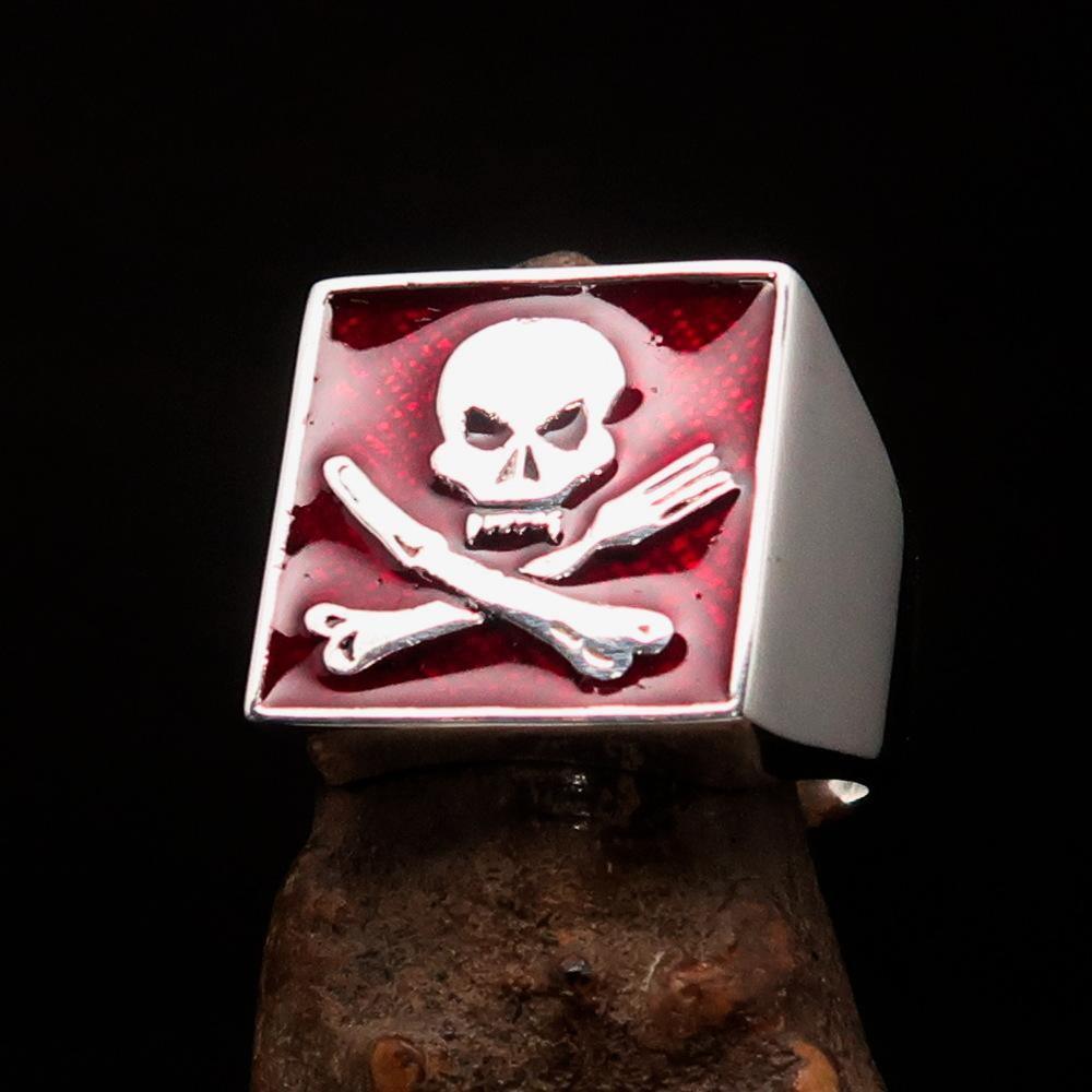 Perfectly crafted Men's Chef Skull Ring Crossed Fork Knife red - Sterling Silver - BikeRing4u