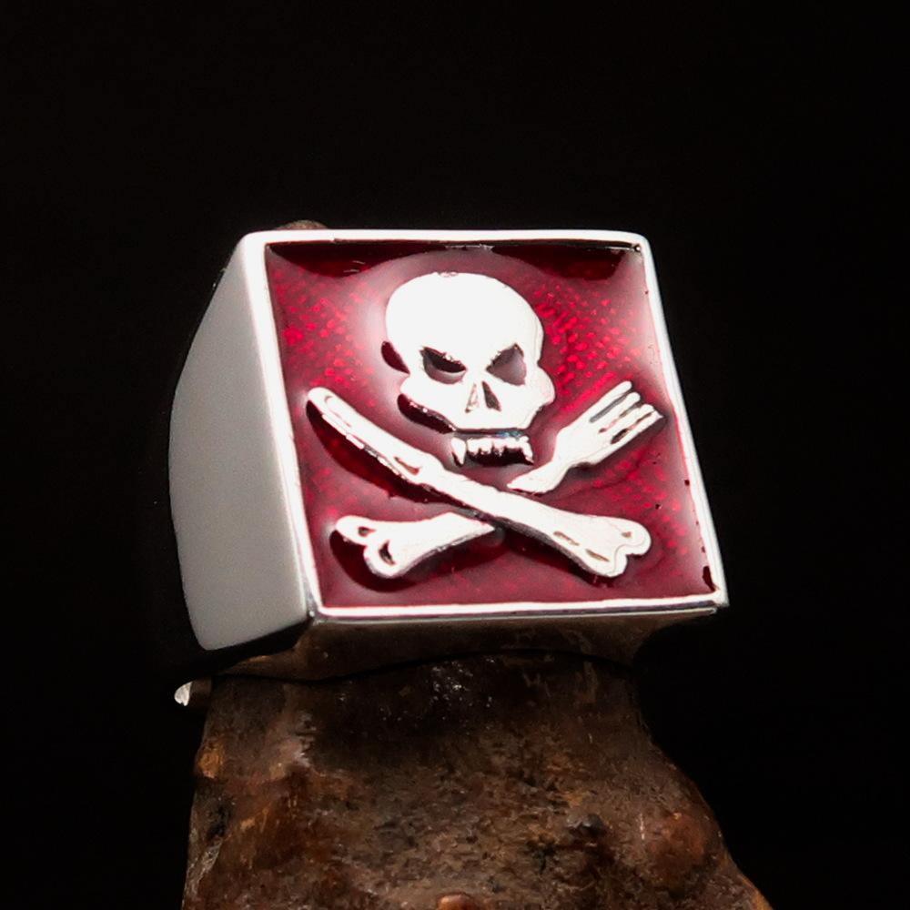 Perfectly crafted Men's Chef Skull Ring Crossed Fork Knife red - Sterling Silver - BikeRing4u