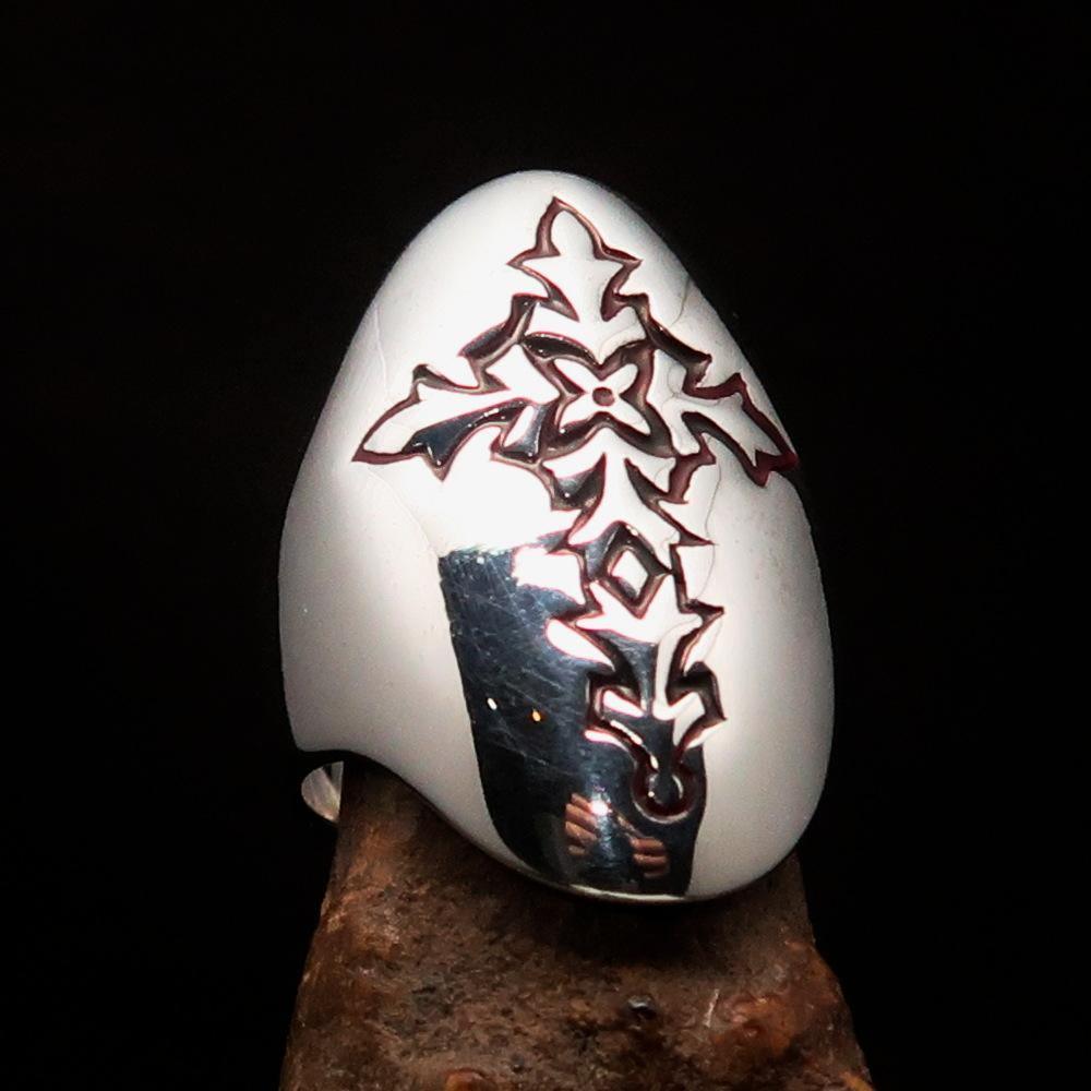 Perfectly crafted Men's Gothic Cross Ring Red - Sterling Silver - BikeRing4u