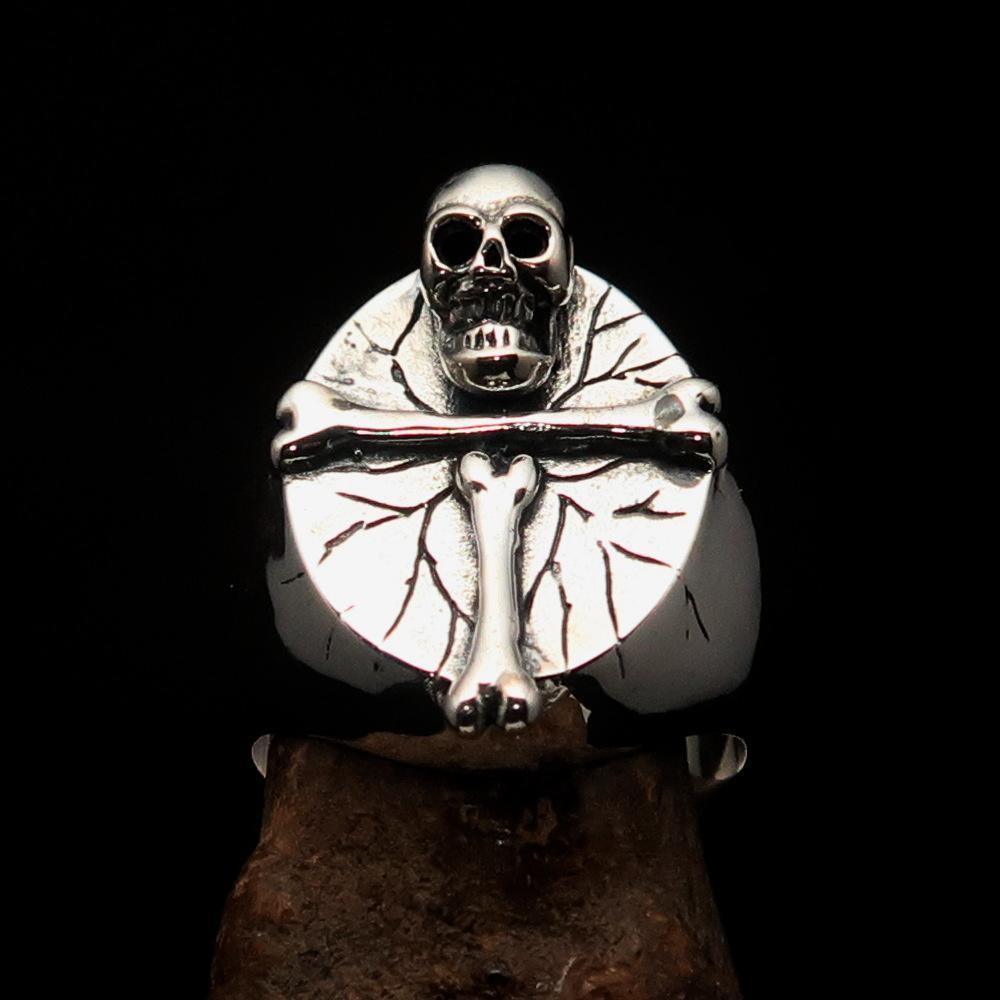 Excellent crafted Men's Sterling Silver Ring Bone Cross R.I.P Skull - BikeRing4u
