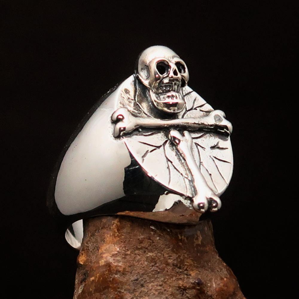 Excellent crafted Men's Sterling Silver Ring Bone Cross R.I.P Skull - BikeRing4u