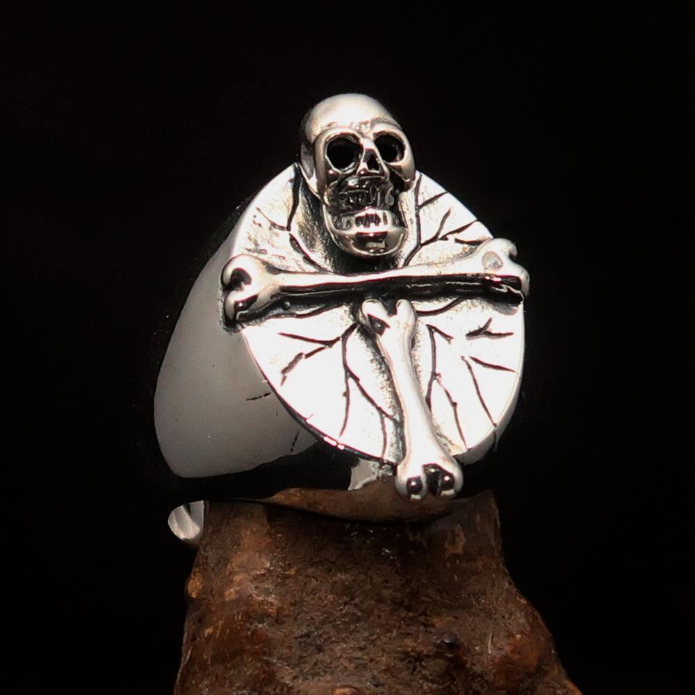 Excellent crafted Men's Sterling Silver Ring Bone Cross R.I.P Skull - BikeRing4u