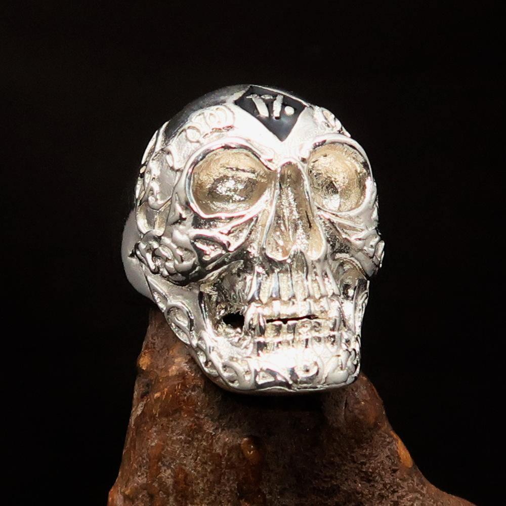 Excellent crafted Men's black 1% Runes Skull Outlaw Ring - Sterling Silver - BikeRing4u