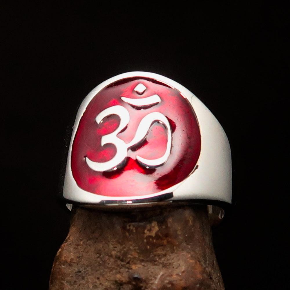 Excellent crafted Men's red Aum Buddhist Ring - Sterling Silver - BikeRing4u