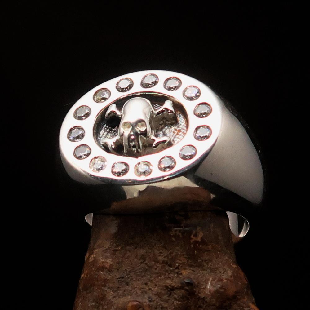 Men's Alien Skull Ring surrounded with 15 white CZ - Sterling Silver - BikeRing4u
