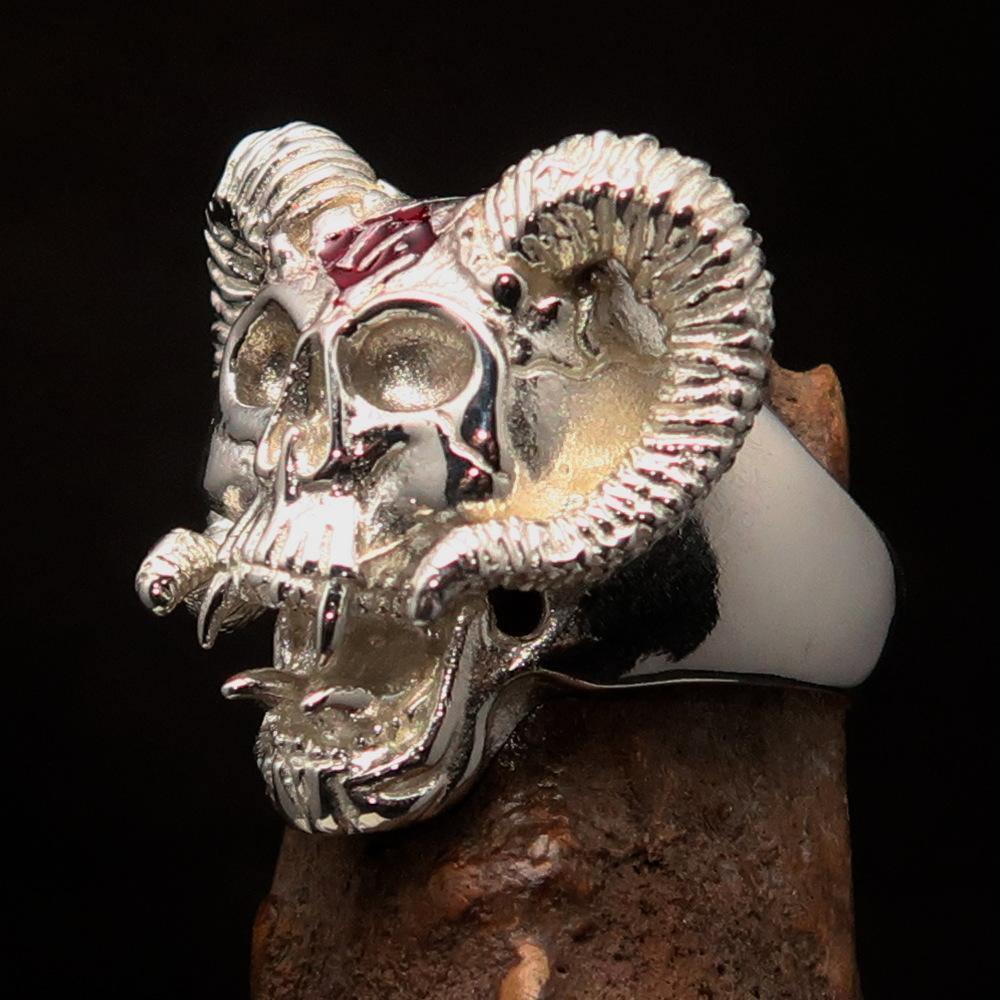 Excellent crafted Men's red 1% Ram Skull Outlaw Ring - Sterling Silver - BikeRing4u