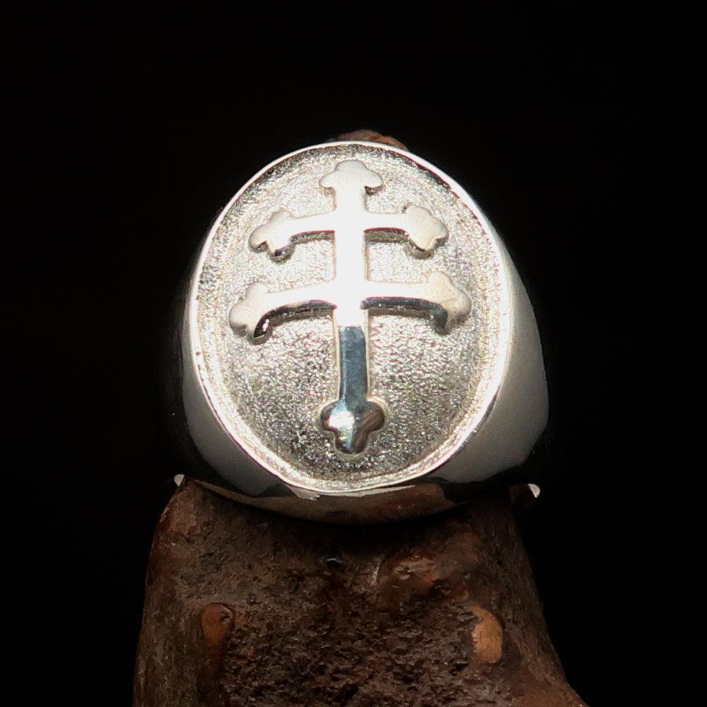 Excellent crafted oval domed Men's two tone Cross Lorraine Ring - Sterling Silver - BikeRing4u