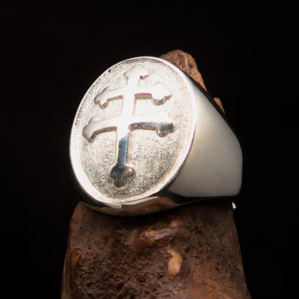 Excellent crafted oval domed Men's two tone Cross Lorraine Ring - Sterling Silver - BikeRing4u