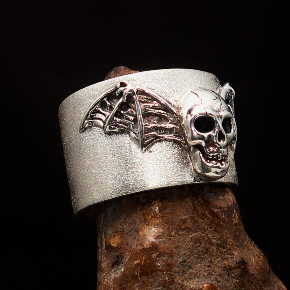 Excellent crafted two tone winged Bat Skull Ring - Matte Sterling Silver - BikeRing4u