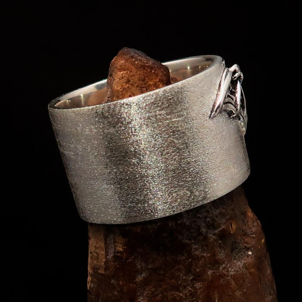 Excellent crafted two tone winged Bat Skull Ring - Matte Sterling Silver - BikeRing4u