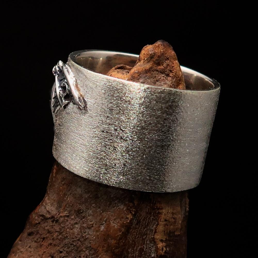 Excellent crafted two tone winged Bat Skull Ring - Matte Sterling Silver - BikeRing4u